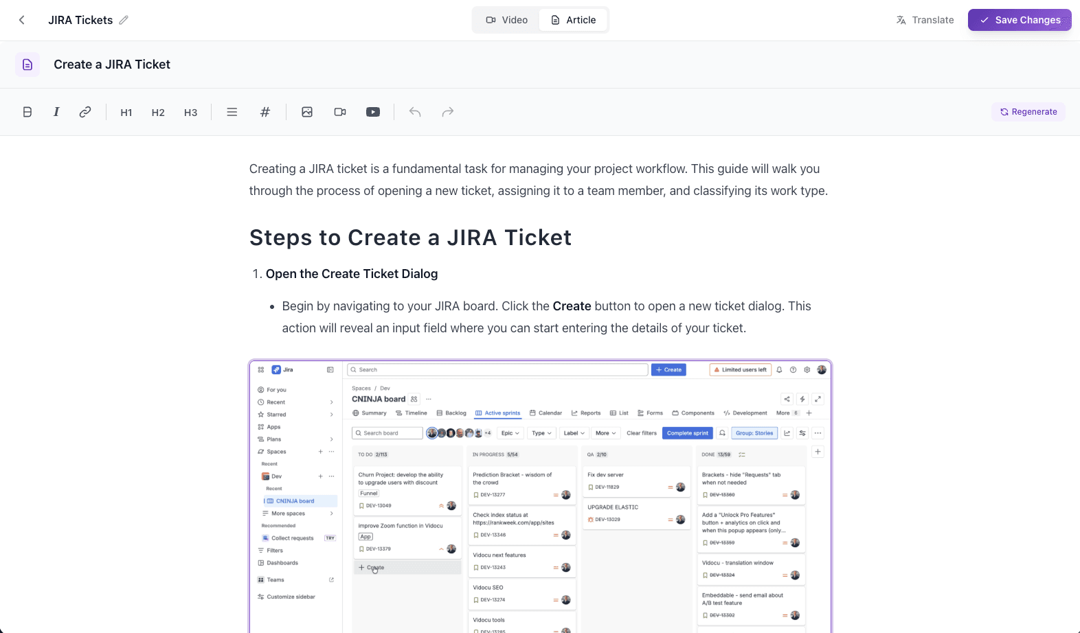 Vidocu help article editor with auto-generated steps and screenshots