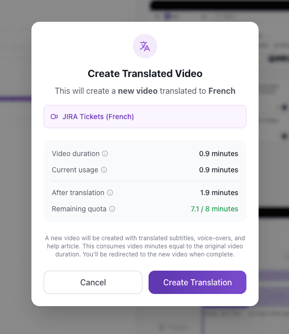 Vidocu translation dialog - create translated video in any language