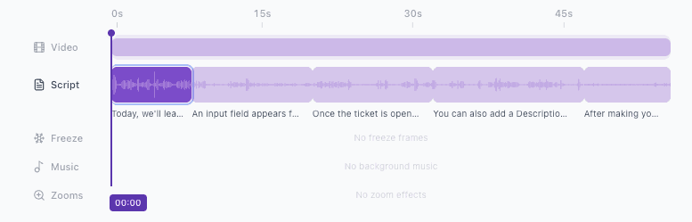 Vidocu AI voiceover timeline with script waveforms